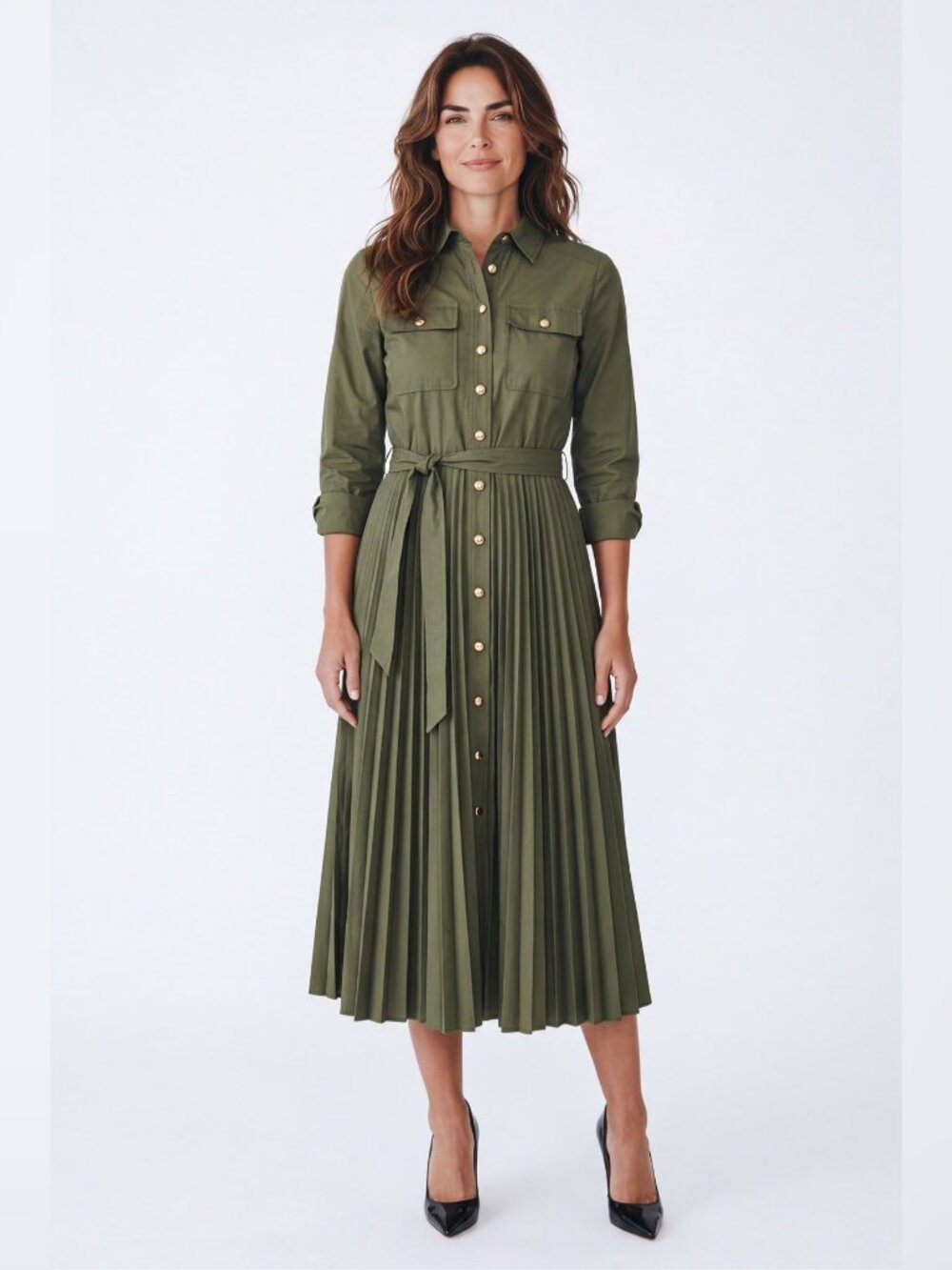 Derek Lam 10 Crosby Kenza Pleated Midi Shirt Dress – Fatigue Green, Size 6